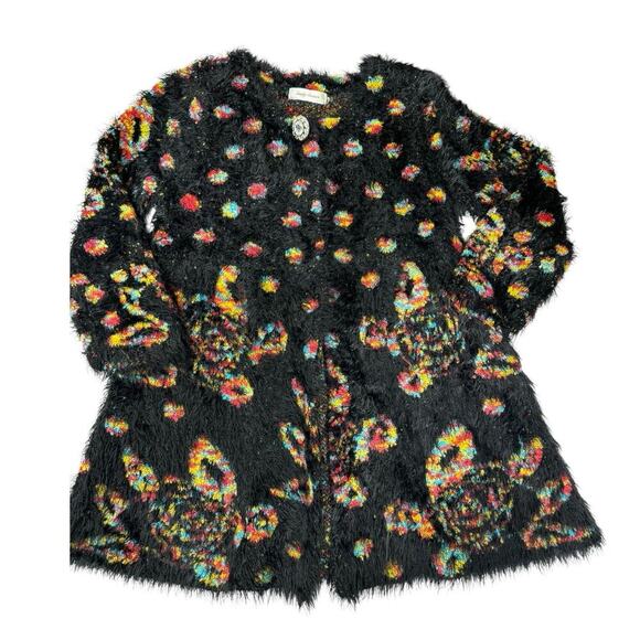 Simply Couture Long Swing Bottom Feather Like Cardigan Black Multicolored Sz S - Picture 7 of 14
